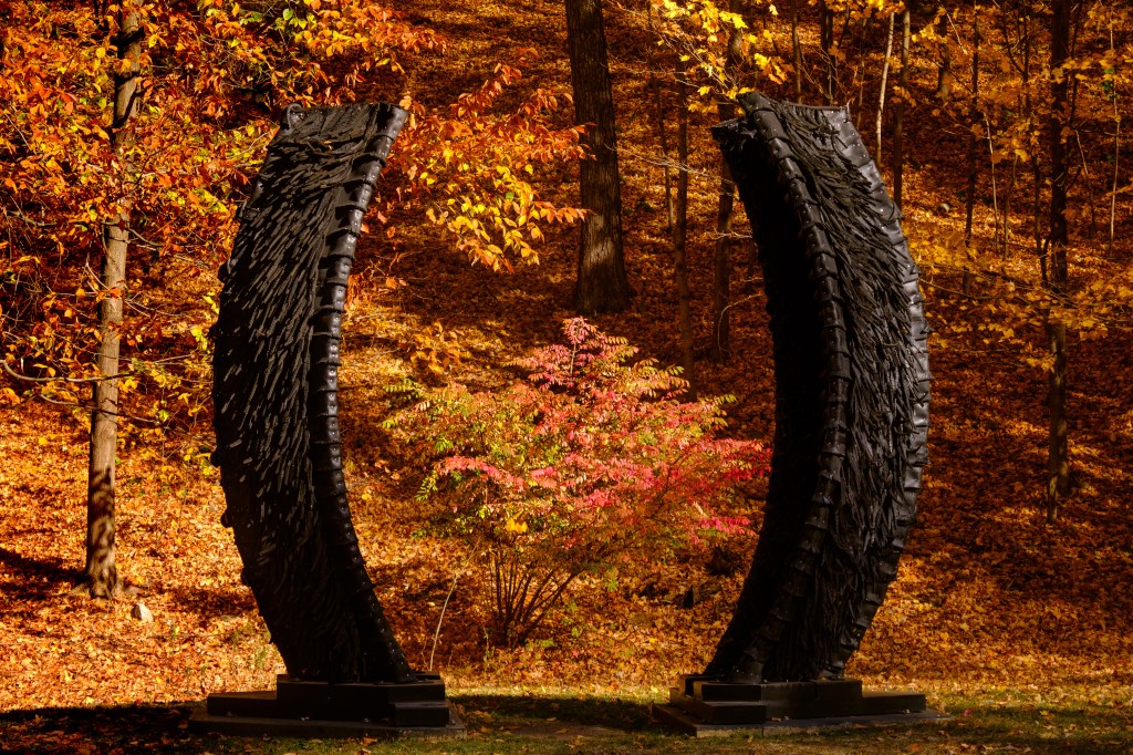 Chakaia Booker's sculpture 'A Moment In Time, 2004' made from recycled tires located in the North Woods of Storm King Art Center during fall foliage